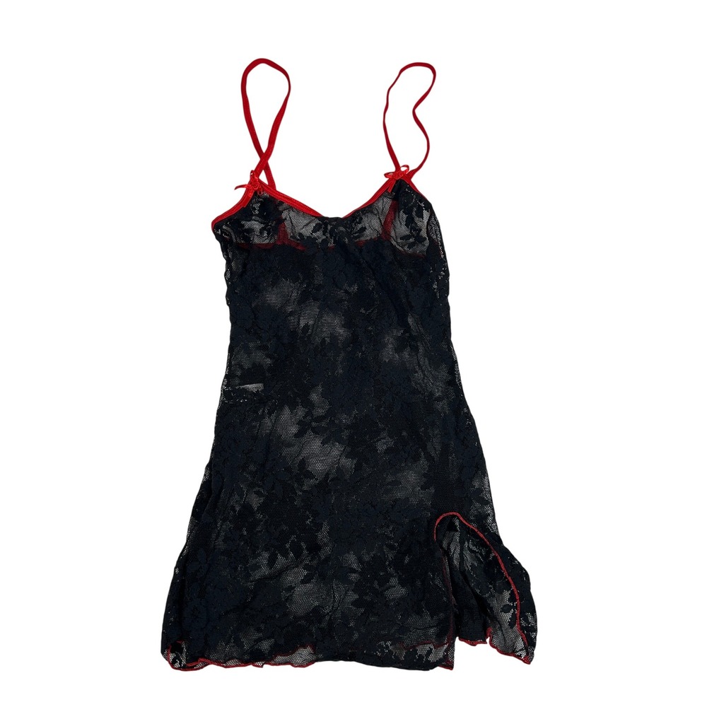 Leg Avenue Black Floral Lace Chemise Red Trim Bows One Size